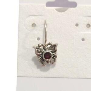925 Sterling Silver Single Butterfly Dangle Drop Earrings Round Ruby Signed Vtg